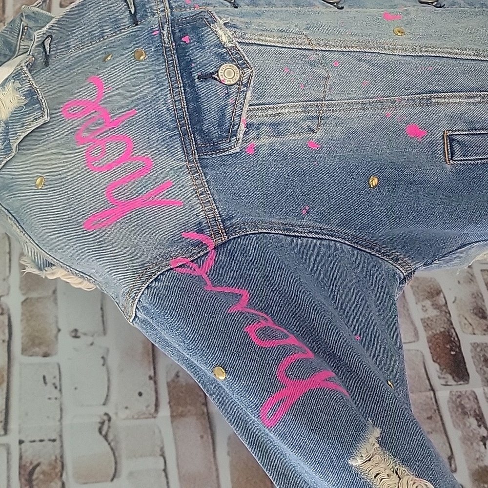 Custom Upcycled Pink Ribbon Jean Jacket S/M Breast Cancer 🎀 - Picture 5 of 12